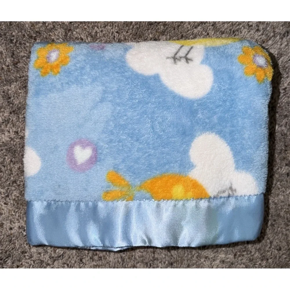 Baby Fleece Blanket‎ Satin Trim Birds Clouds Nursery Security Blanket Blue 40x40